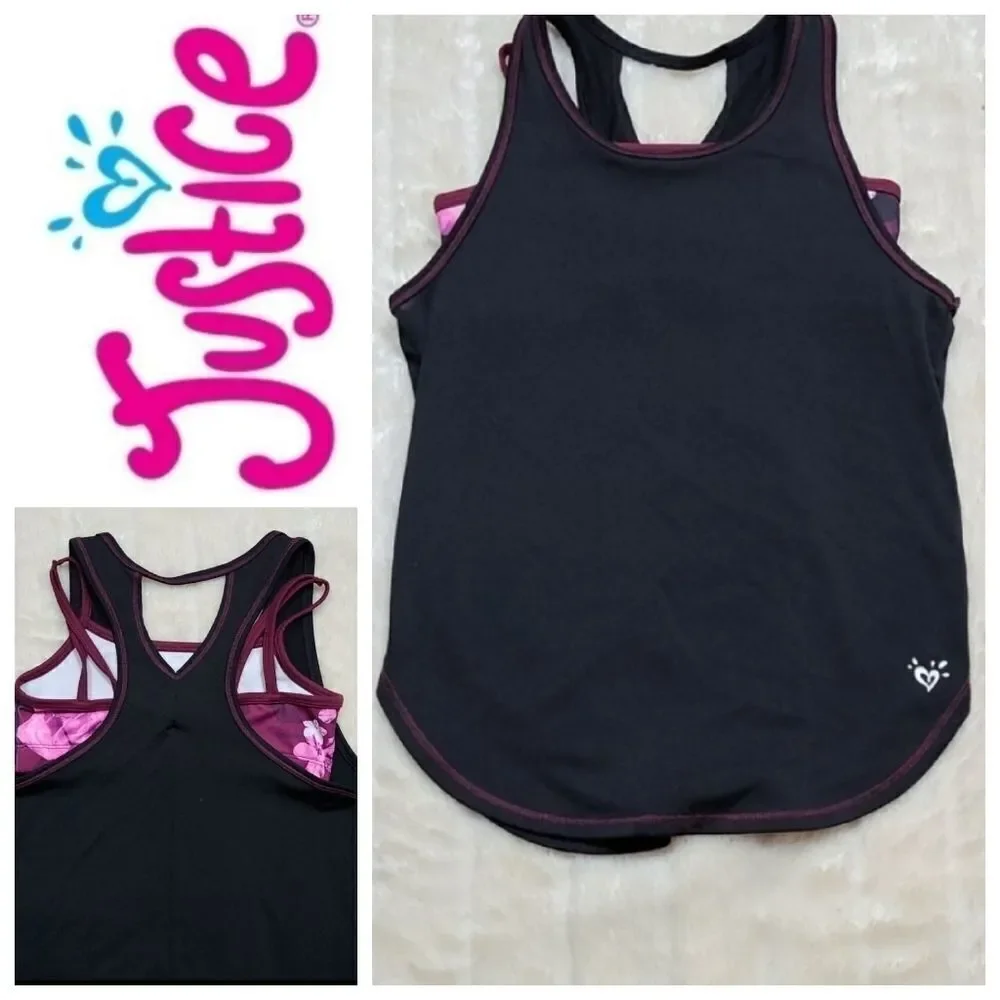 Justice Active Layered Sports Tank Top Black Pink Floral Athletic Tee Girls 10